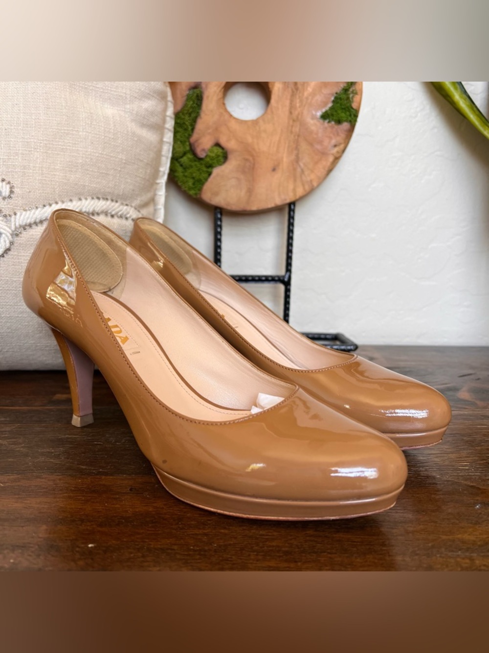 PRADA Tan Patent Leather Platform Pump Heels 37.5 US7.5